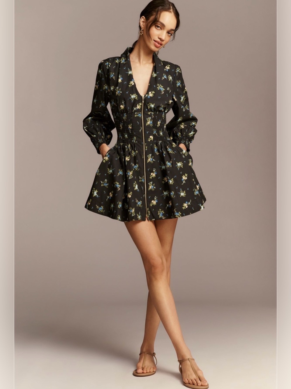 Tommie Long-Sleeve Smocked Front-Zip Mini Shirtdress